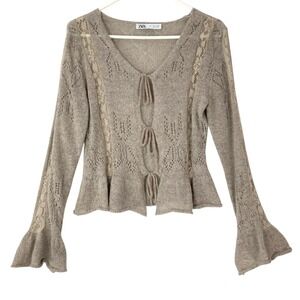 Zara Taupe Pointelle Lace Cardigan L Tie Front V-Neck Bell Sleeve Peplum